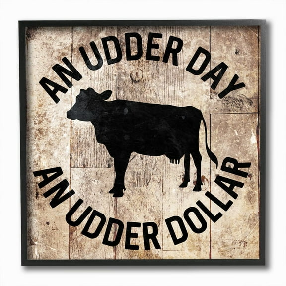 Stupell Industries Udder Day Funny Cow Farm Wood Texture Word Design Graphic Art Black Framed Art Print Wall Art, 12x12, by Milli Villa