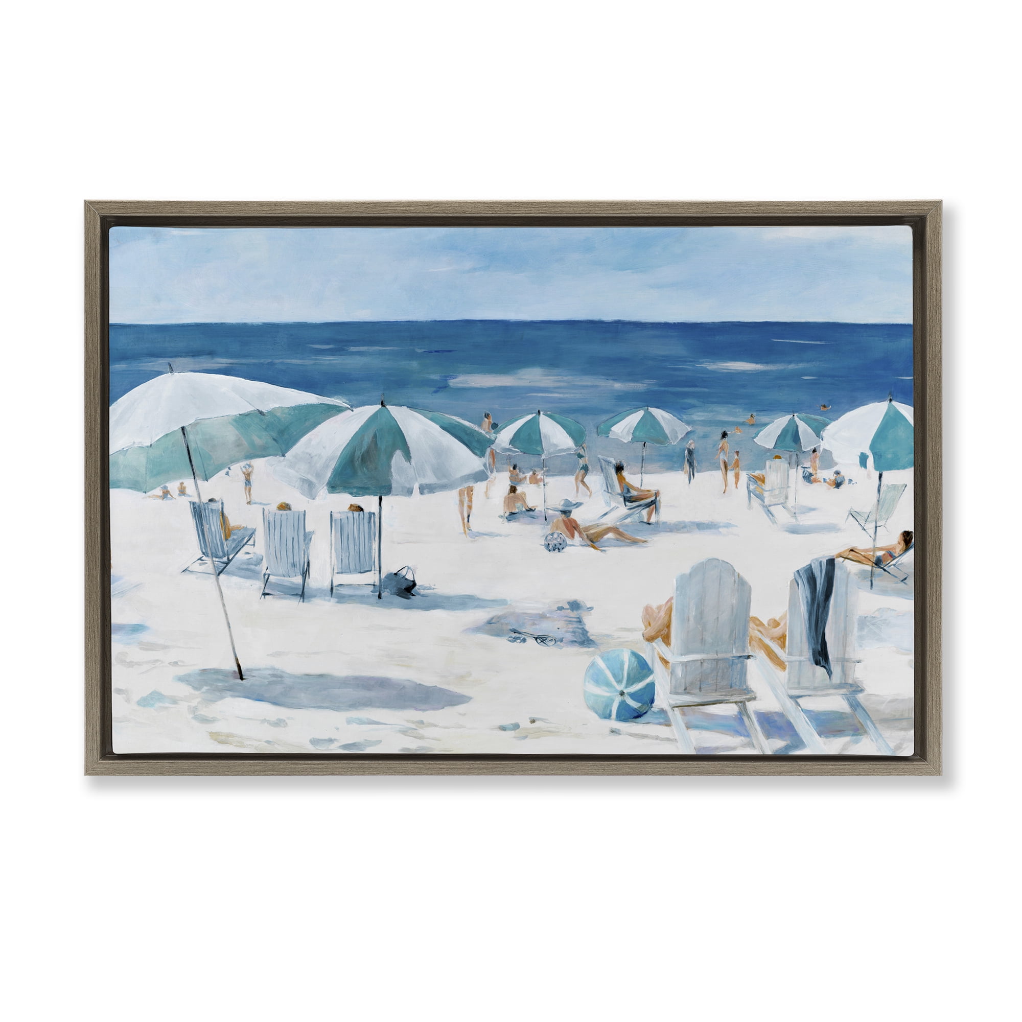 Stupell Industries Umbrella Beach Coastal Scene Brown Framed Floater Canvas Wall Art, design by Lorenzo Collective