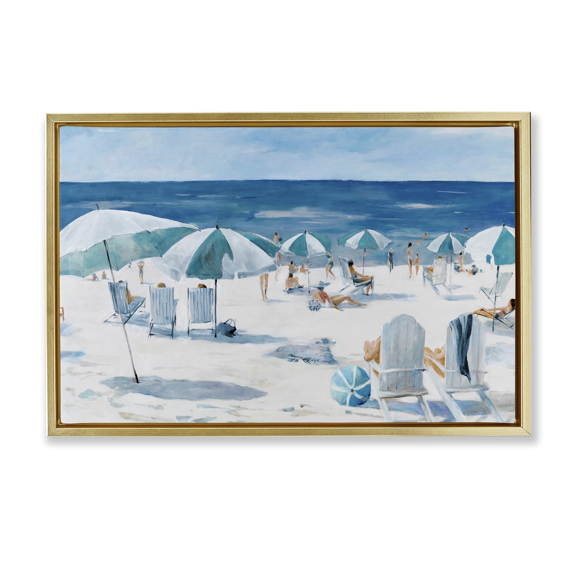 Stupell Industries Umbrella Beach Coastal Scene Gold Framed Floater Canvas Wall Art, design by Lorenzo Collective
