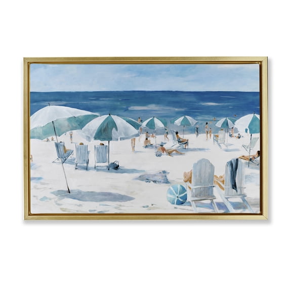 Stupell Industries Coastal Umbrella Beach Coastal Scene Gold Floating Frame Canvas Art, 25 x 17, by Lorenzo Collective