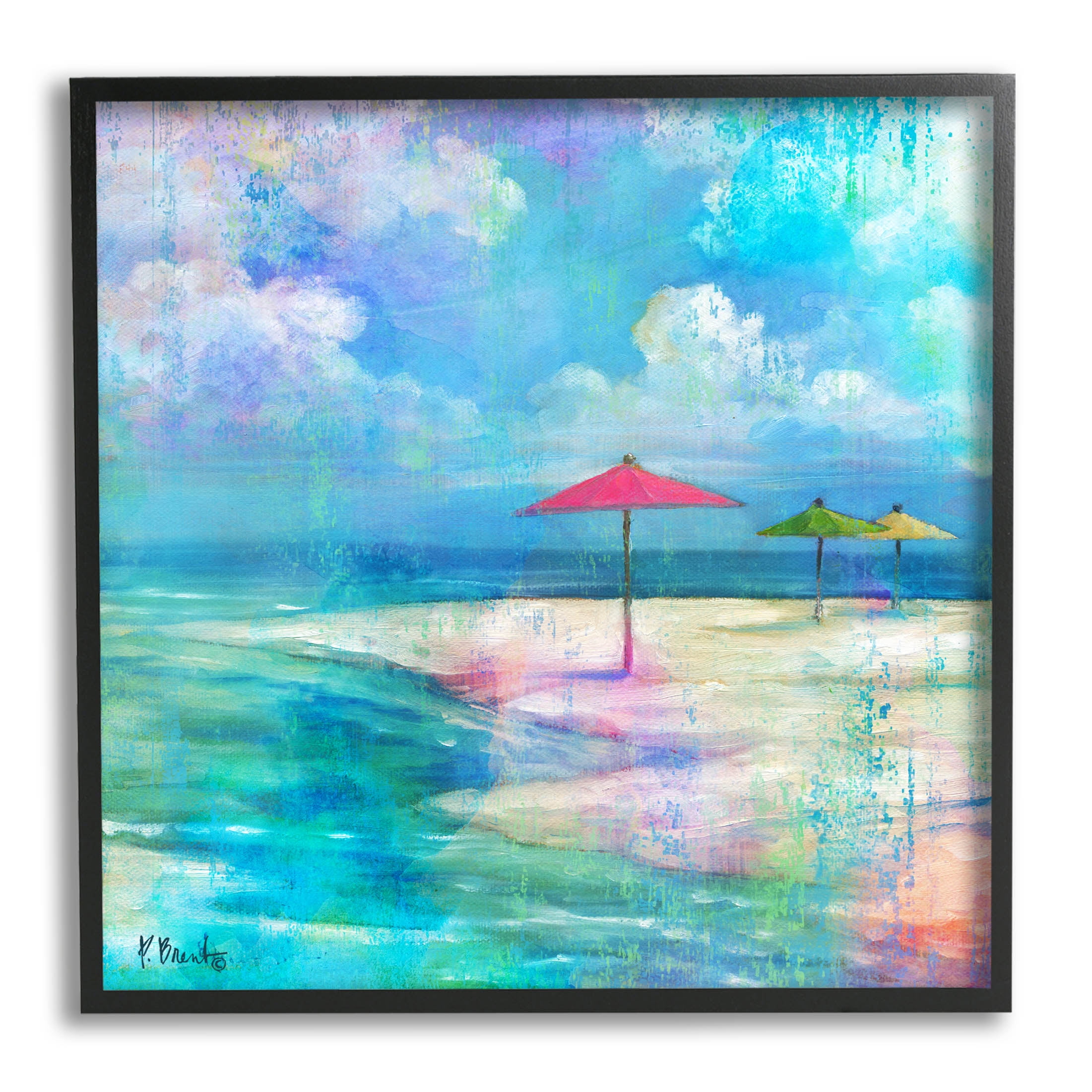 Stupell Industries Umbrella Beachscape Watercolor Mirage Painting Black Framed Art Print Wall Art, Design by Paul Brent