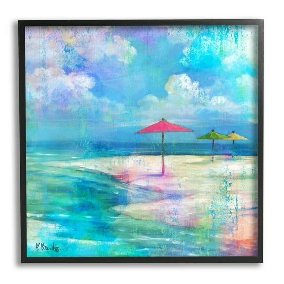 Stupell Industries Umbrella Beachscape Watercolor Mirage Painting Black Framed Art Print Wall Art, Design by Paul Brent