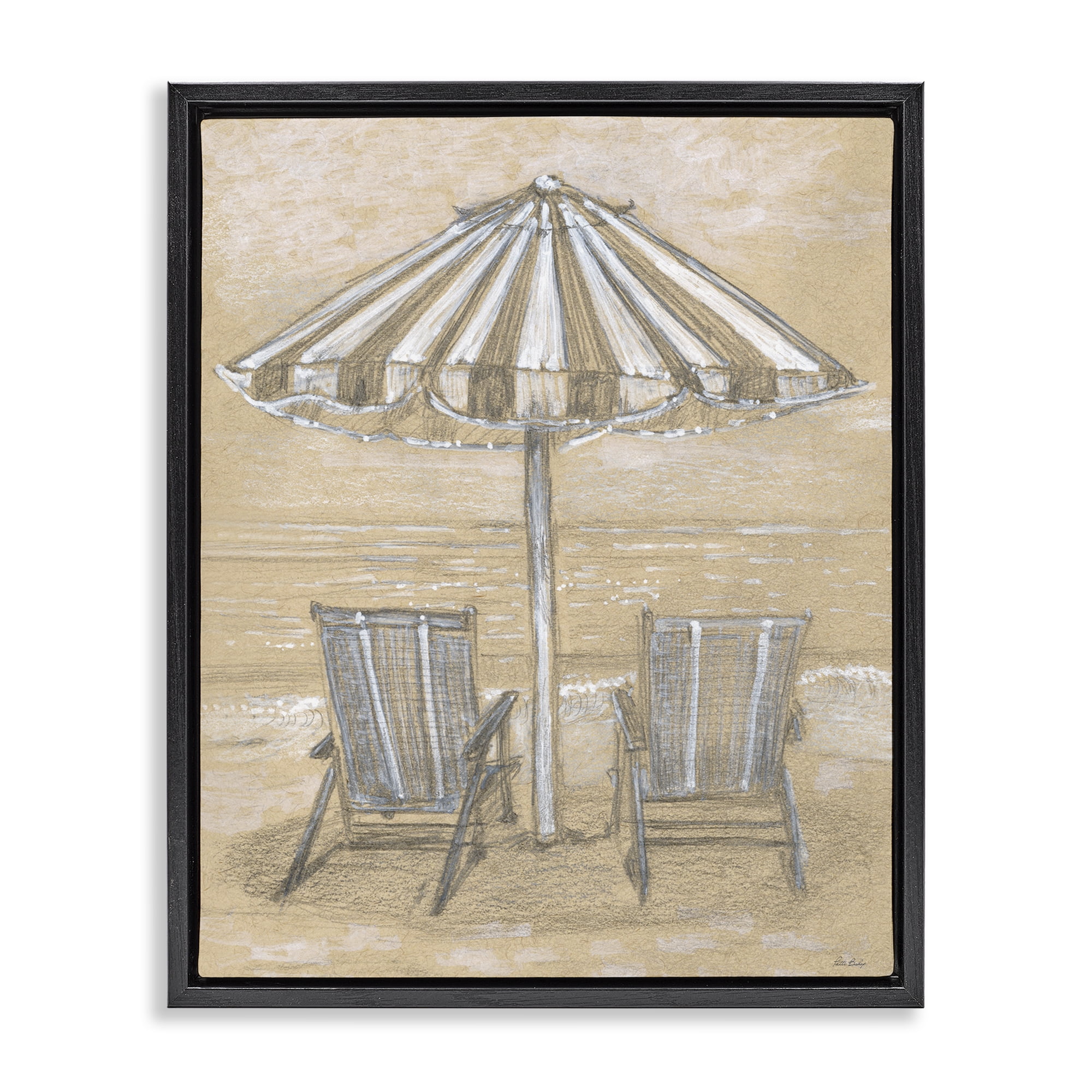 Stupell Industries Umbrella & Chairs Drawing Black Framed Floater Canvas Wall Art, design by Patti Bishop