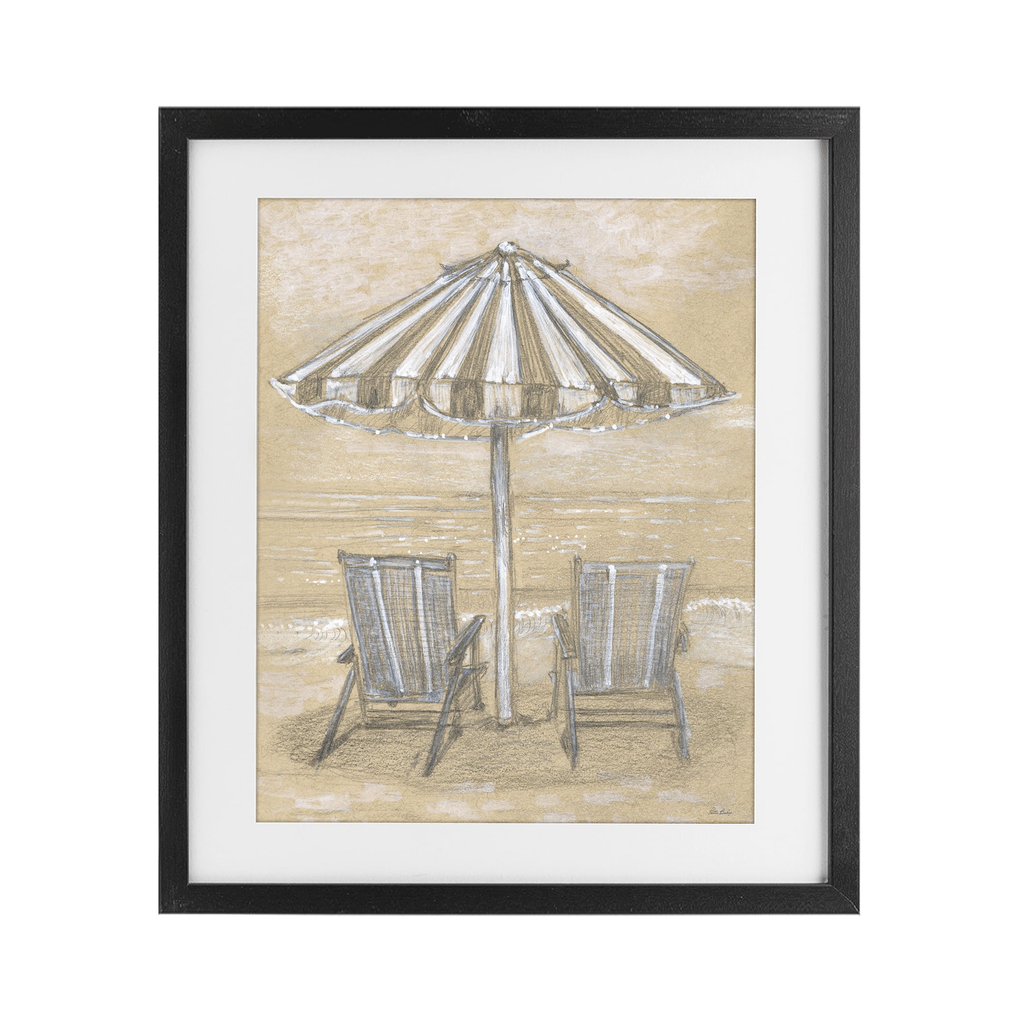 Stupell Industries Umbrella & Chairs Drawing Black Framed Print Under Glass, design by Patti Bishop
