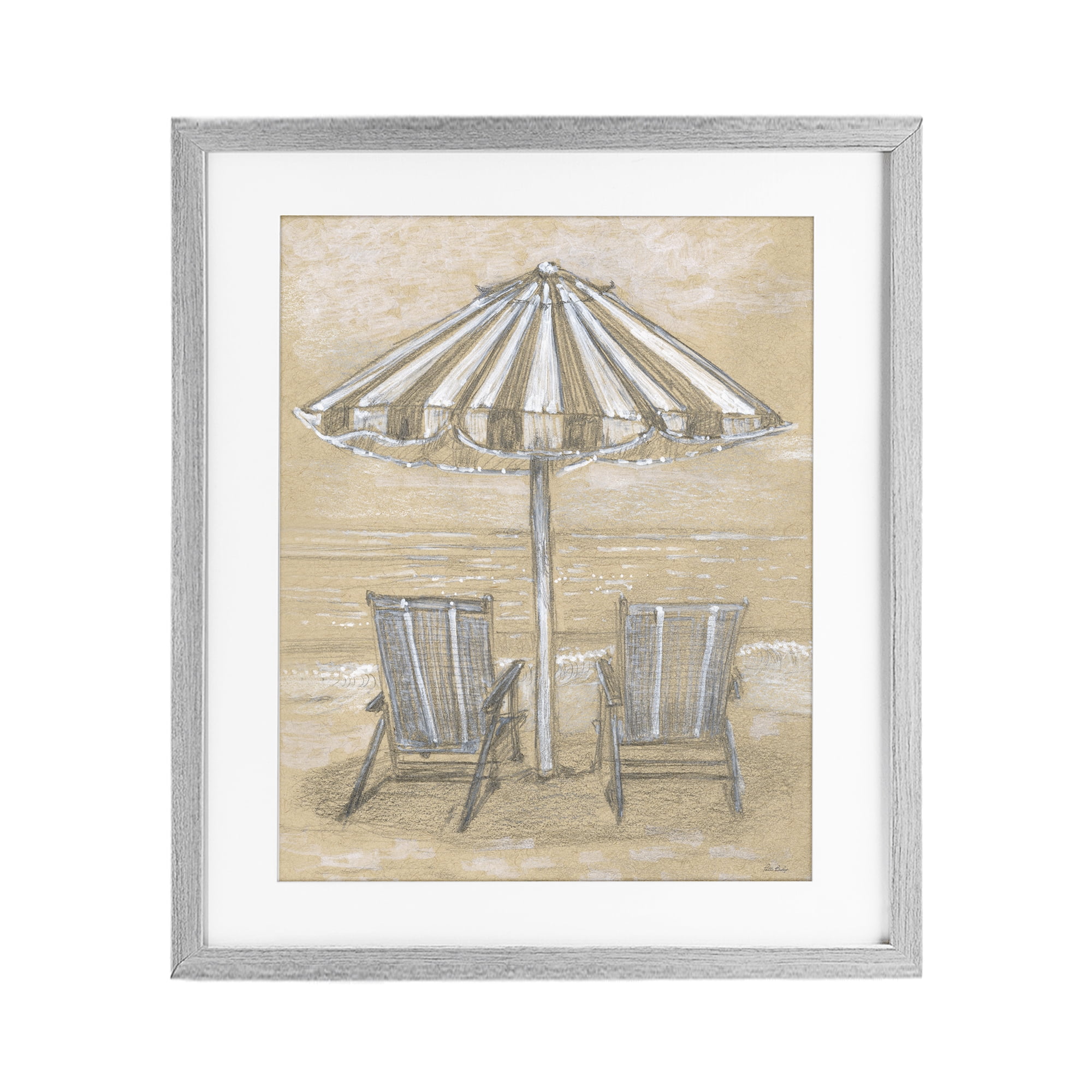 Stupell Industries Umbrella & Chairs Drawing Gray Framed Print Under Glass, design by Patti Bishop