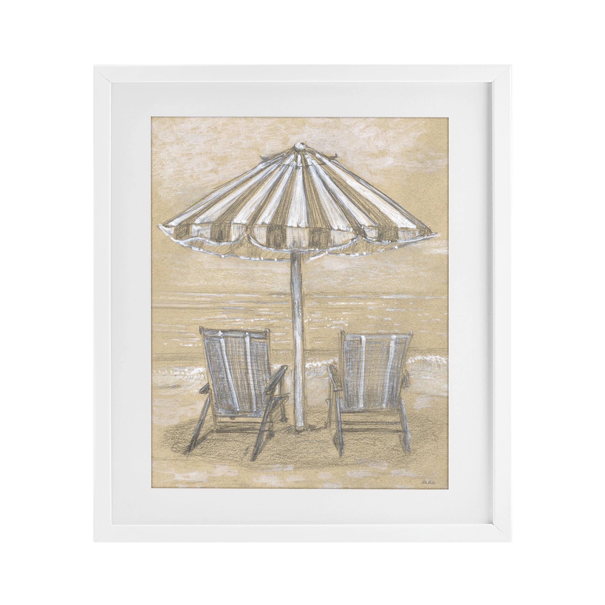Stupell Industries Umbrella & Chairs Drawing White Framed Print Under Glass, design by Patti Bishop