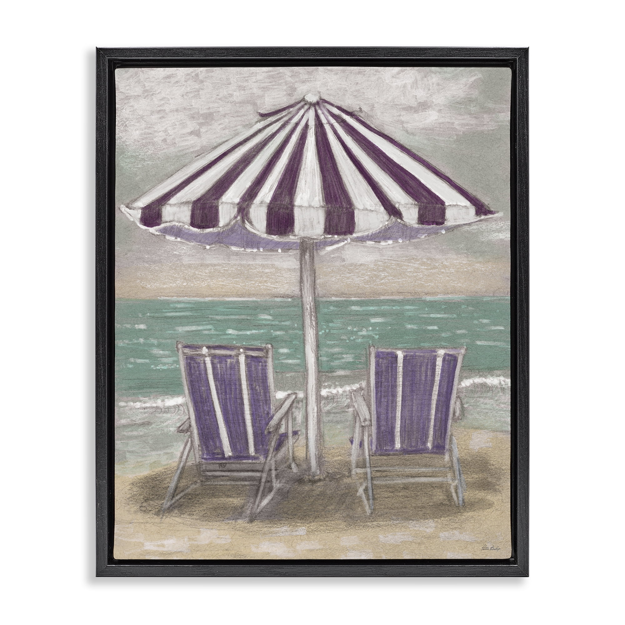 Stupell Industries Umbrella & Chairs on Beach Black Framed Floater Canvas Wall Art, design by Patti Bishop