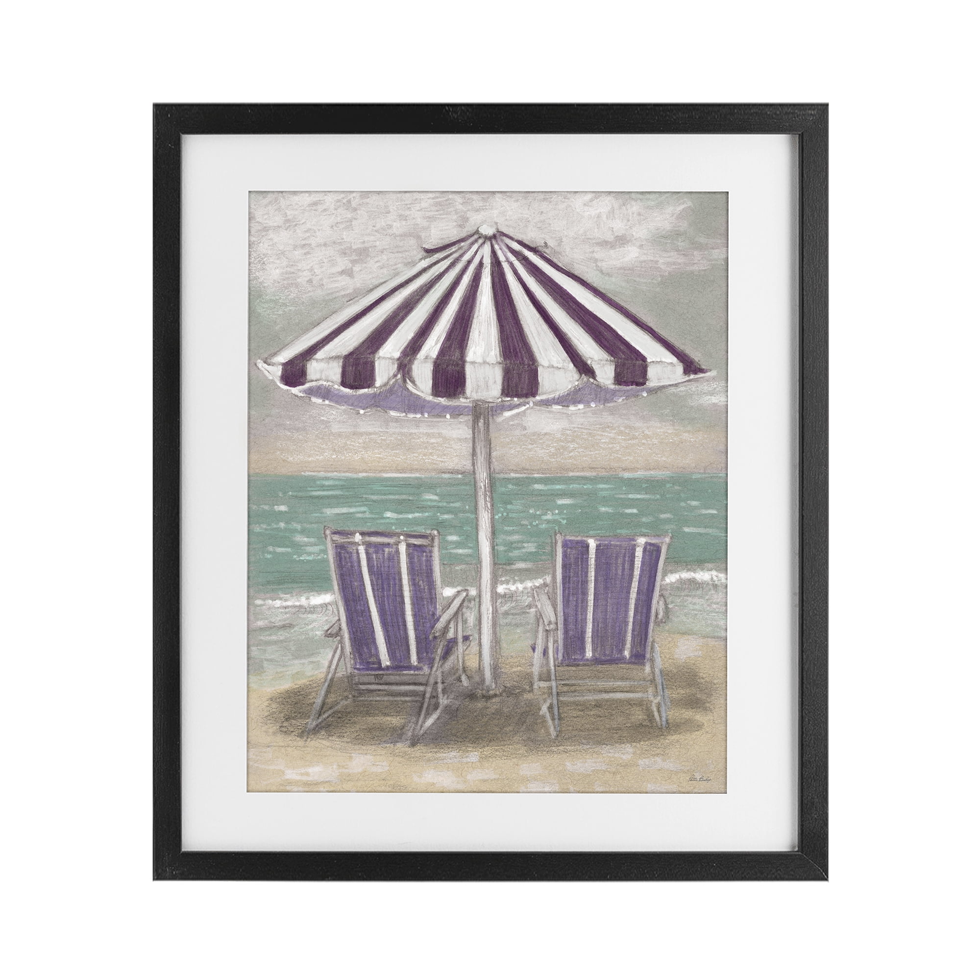 Stupell Industries Umbrella & Chairs on Beach Black Framed Print Under Glass, design by Patti Bishop