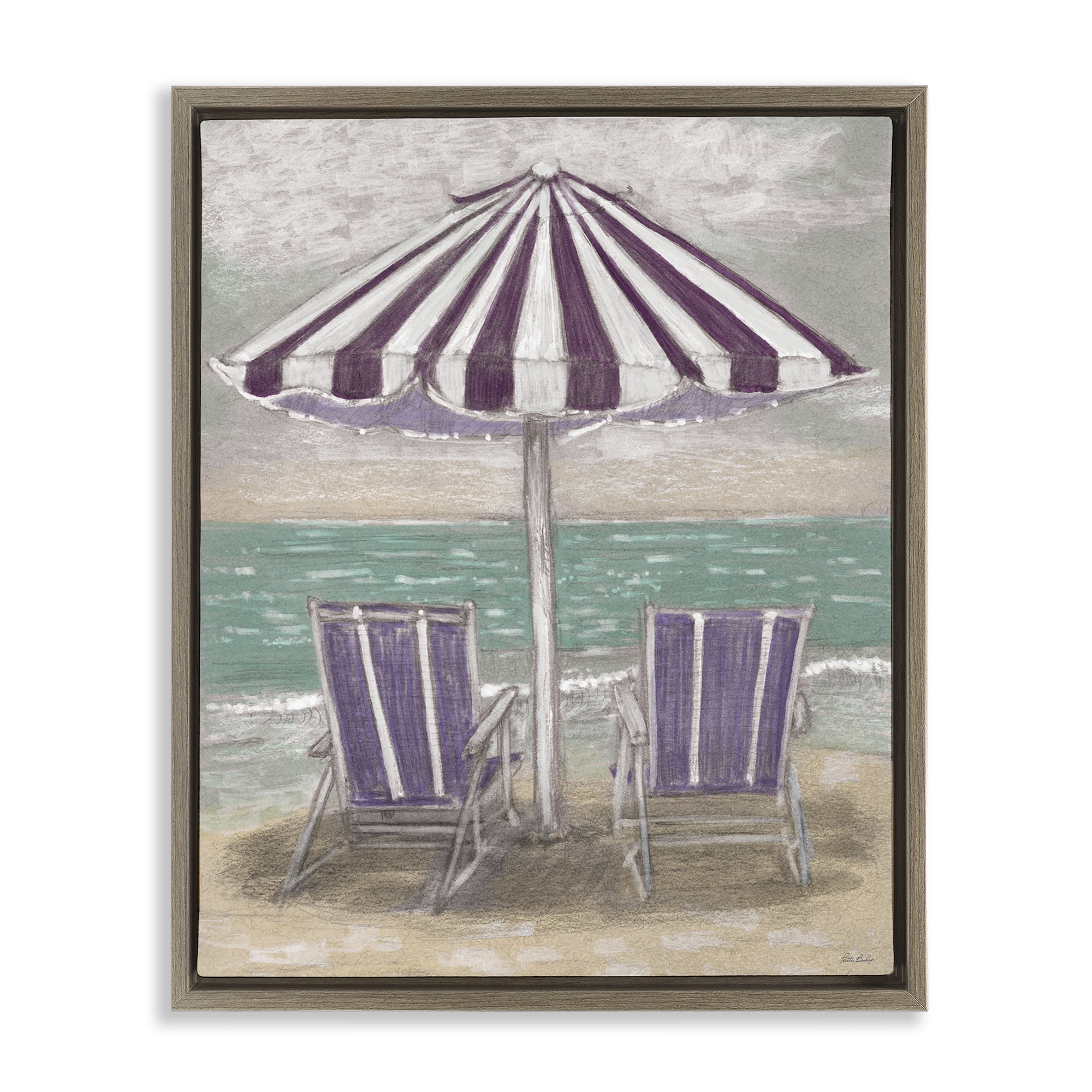 Stupell Industries Umbrella & Chairs on Beach Brown Framed Floater Canvas Wall Art, design by Patti Bishop