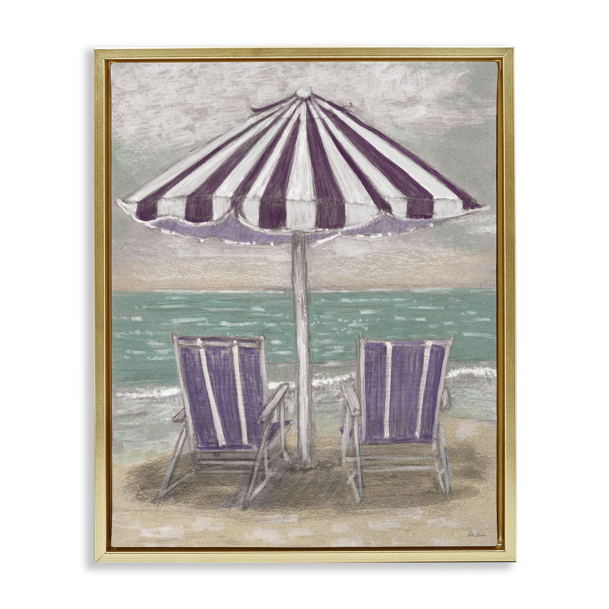 Stupell Industries Umbrella & Chairs on Beach Gold Framed Floater Canvas Wall Art, design by Patti Bishop