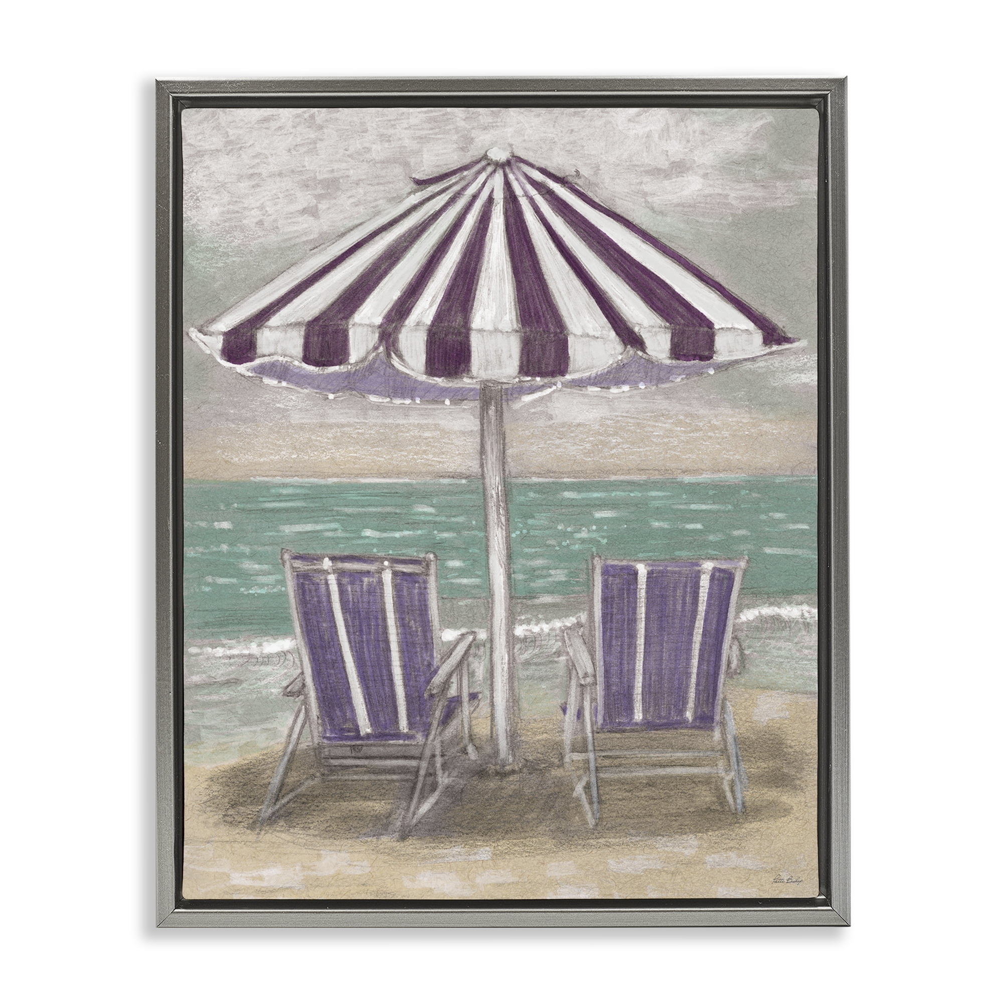 Stupell Industries Umbrella & Chairs on Beach Gray Framed Floater Canvas Wall Art, design by Patti Bishop