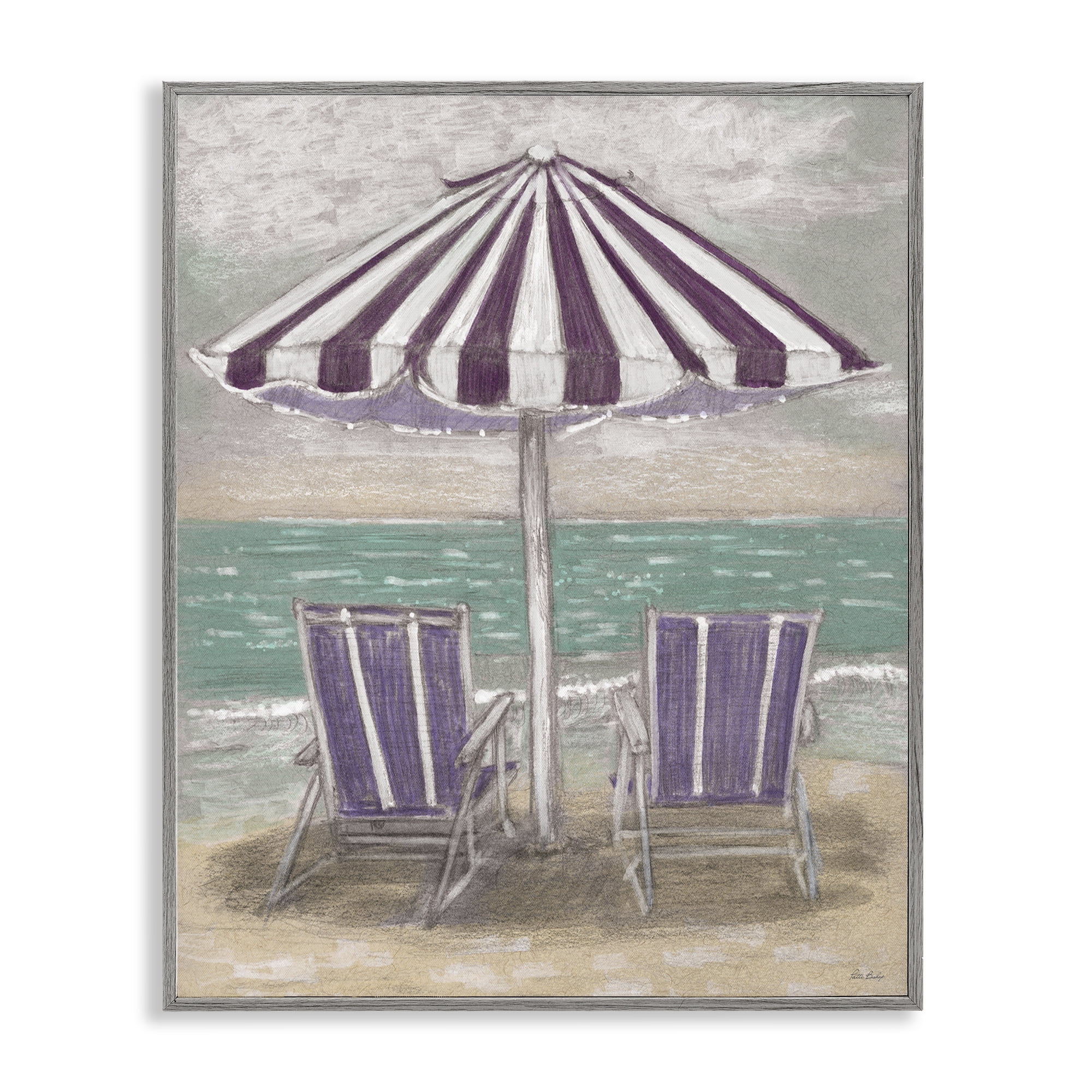Stupell Industries Umbrella & Chairs on Beach Gray Framed Giclee Art, design by Patti Bishop