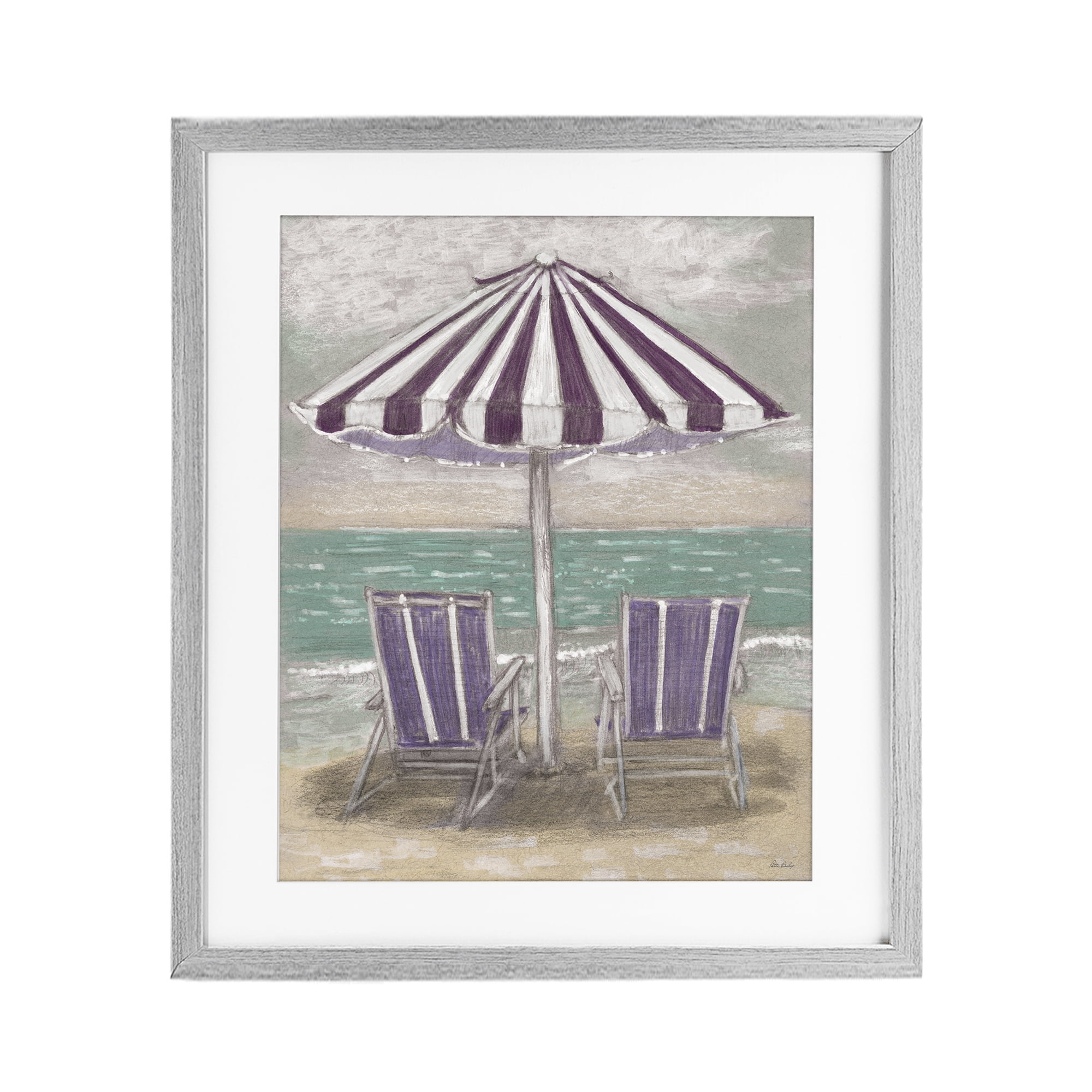 Stupell Industries Umbrella & Chairs on Beach Gray Framed Print Under Glass, design by Patti Bishop