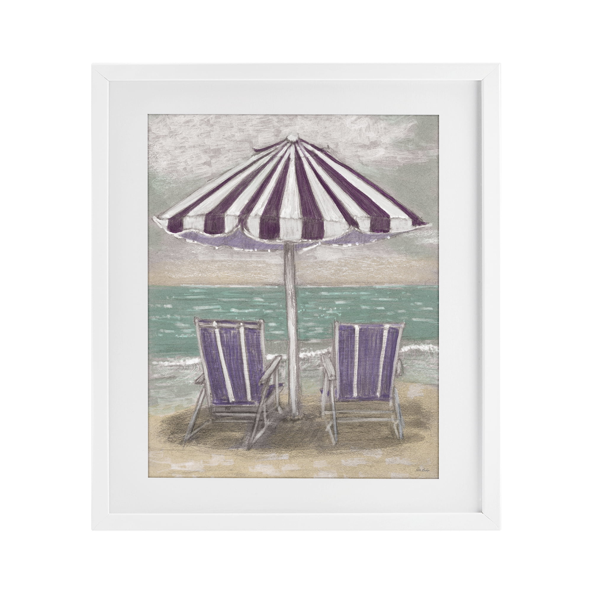 Stupell Industries Umbrella & Chairs on Beach White Framed Print Under Glass, design by Patti Bishop
