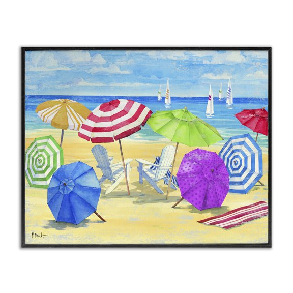 Stupell Industries Tropical Umbrella Coast Vibrant Beach Landscape Black Framed Giclee Art, 30 x 24, by Paul Brent