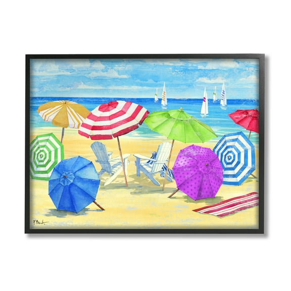 Stupell Industries Umbrella Coast Vibrant Beach Landscape Painting Black Framed Art Print Wall Art, Design by Paul Brent