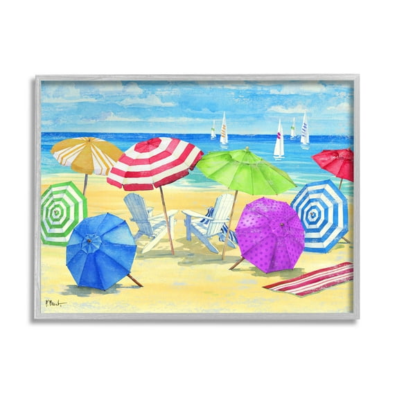 Stupell Industries Umbrella Coast Vibrant Beach Landscape Painting Gray Framed Art Print Wall Art, Design by Paul Brent