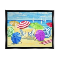 Stupell Industries Umbrella Coast Vibrant Beach Landscape Painting Jet Black Floating Framed Canvas Print Wall Art, Design by Paul Brent
