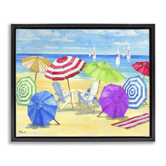 Stupell Industries Tropical Umbrella Coast Vibrant Beach Landscape Black Floating Frame Canvas Art, 31 x 25, by Paul Brent