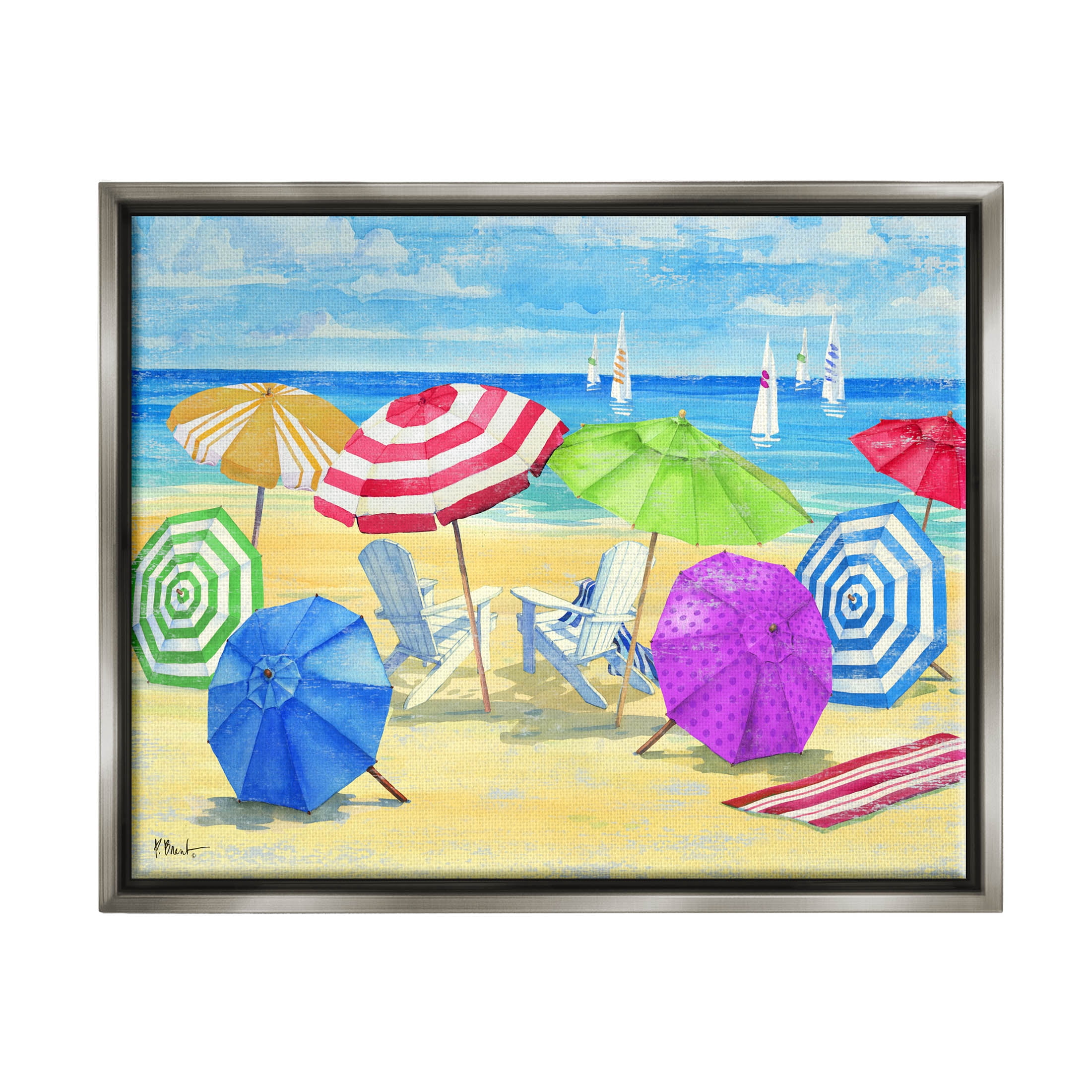 Stupell Industries Umbrella Coast Vibrant Beach Landscape Painting Luster Gray Floating Framed Canvas Print Wall Art, Design by Paul Brent