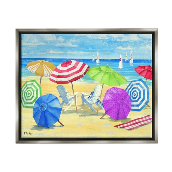 Stupell Industries Umbrella Coast Vibrant Beach Landscape Painting Luster Gray Floating Framed Canvas Print Wall Art, Design by Paul Brent