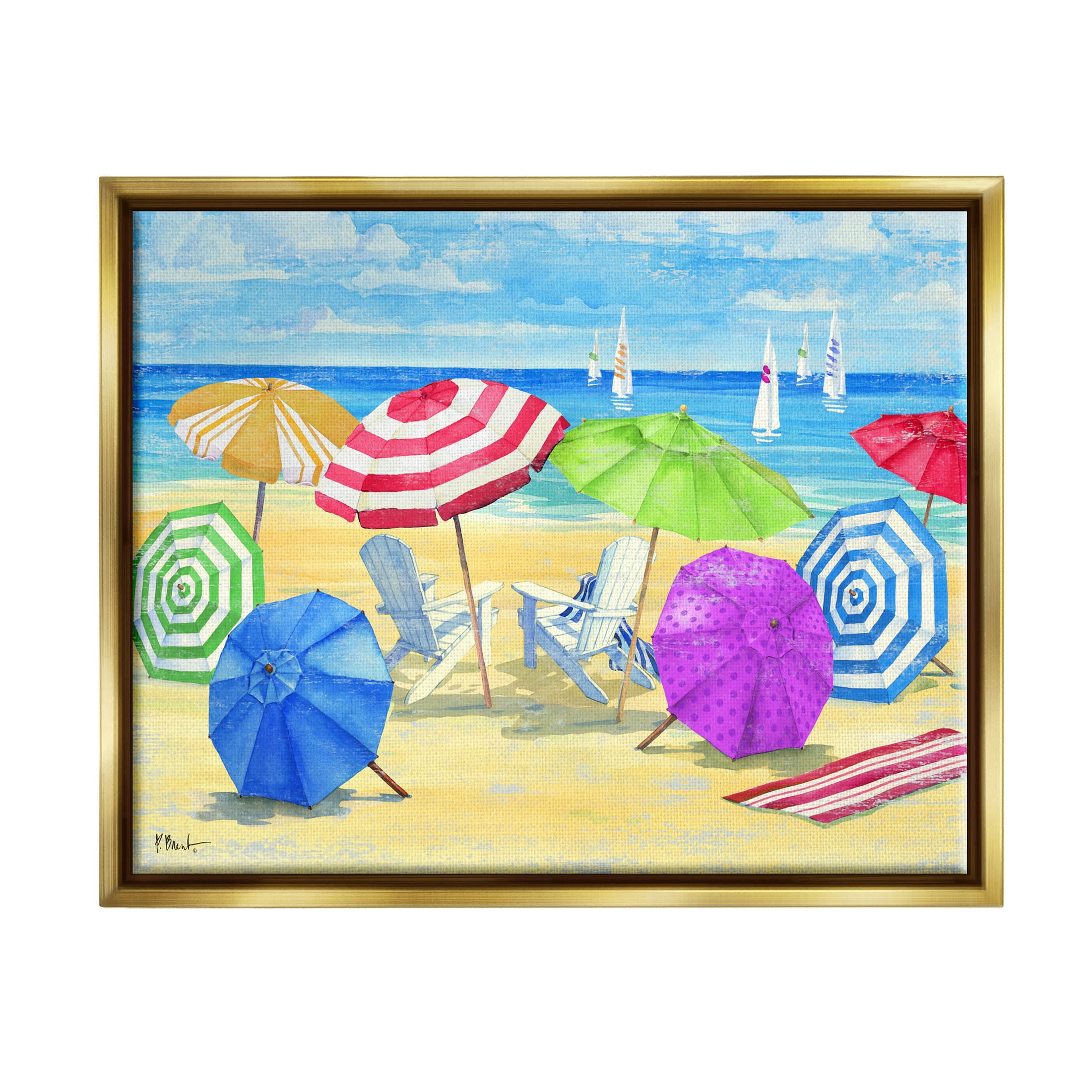 Stupell Industries Umbrella Coast Vibrant Beach Landscape Painting Metallic Gold Floating Framed Canvas Print Wall Art, Design by Paul Brent
