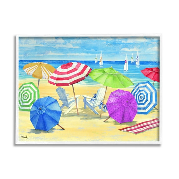 Stupell Industries Umbrella Coast Vibrant Beach Landscape Painting White Framed Art Print Wall Art, Design by Paul Brent