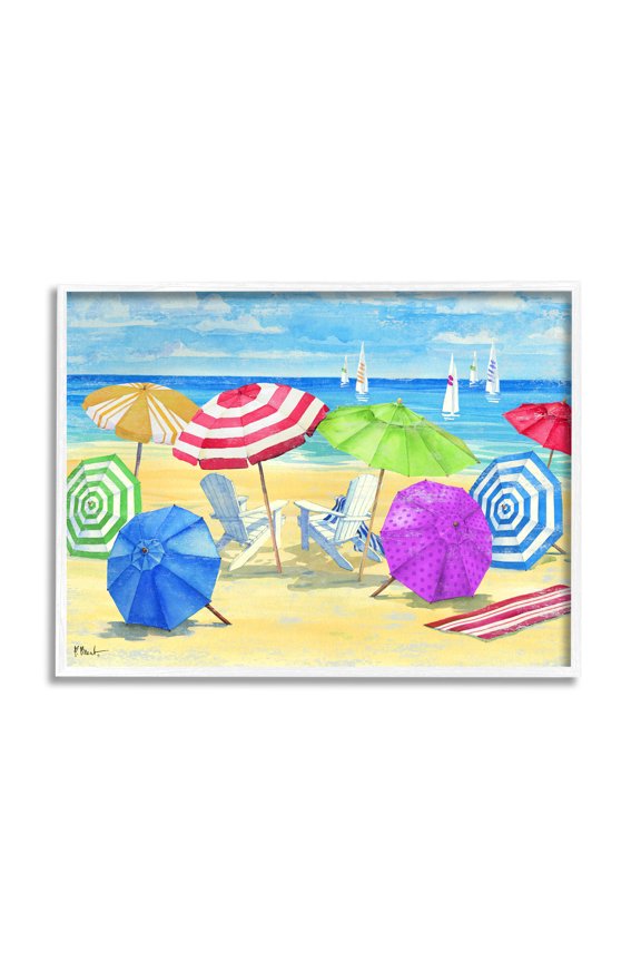 Industries Umbrella Coast Vibrant Beach Landscape Painting White Framed Art Print Wall Art, Design by Paul Brent