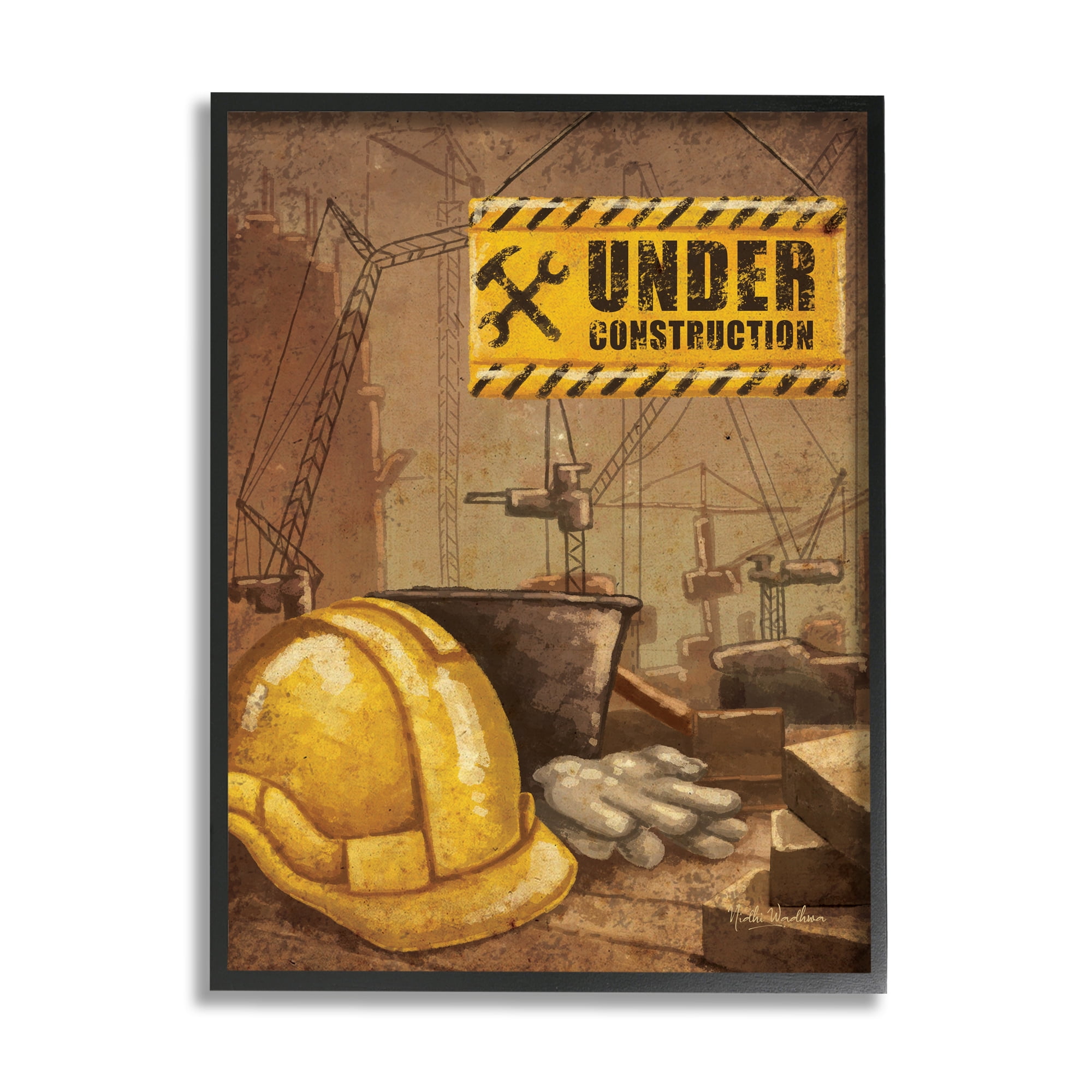 Stupell Industries Under Construction Hardhat Travel & Places Painting Black Framed Art Print Wall Art, 16 x 20