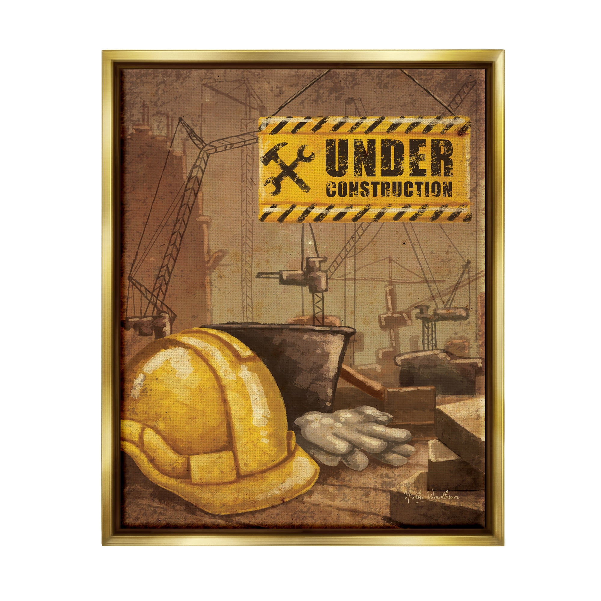 Stupell Industries Under Construction Hardhat Travel & Places Painting Gold Floater Framed Canvas Art Print Wall Art, 17 x 21
