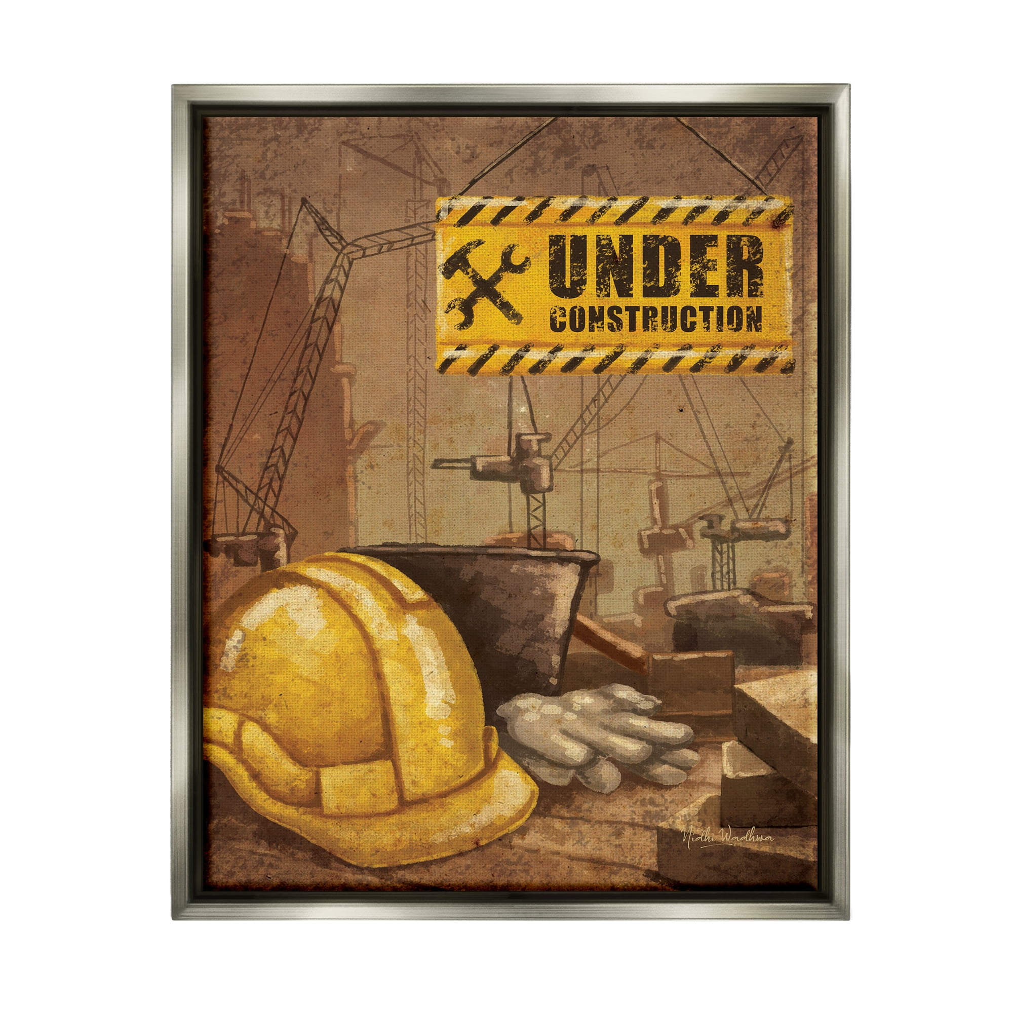 Stupell Industries Under Construction Hardhat Travel & Places Painting Gray Floater Framed Canvas Art Print Wall Art, 17 x 21