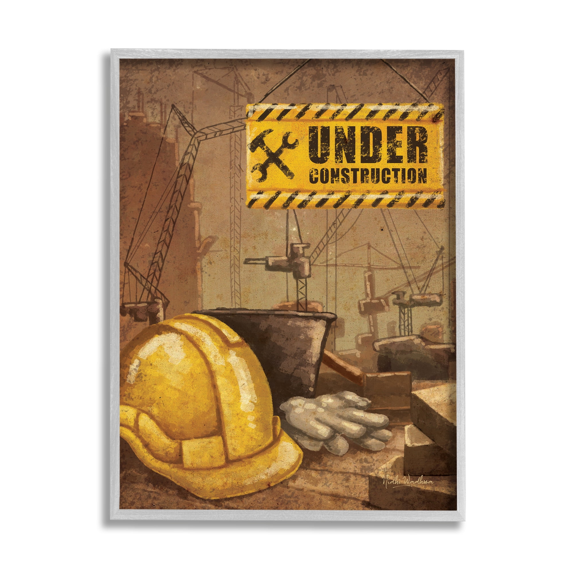 Stupell Industries Under Construction Hardhat Travel & Places Painting Gray Framed Art Print Wall Art, 16 x 20