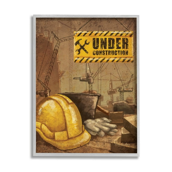 Stupell Industries Under Construction Hardhat Travel & Places Painting Gray Framed Art Print Wall Art, 24 x 30