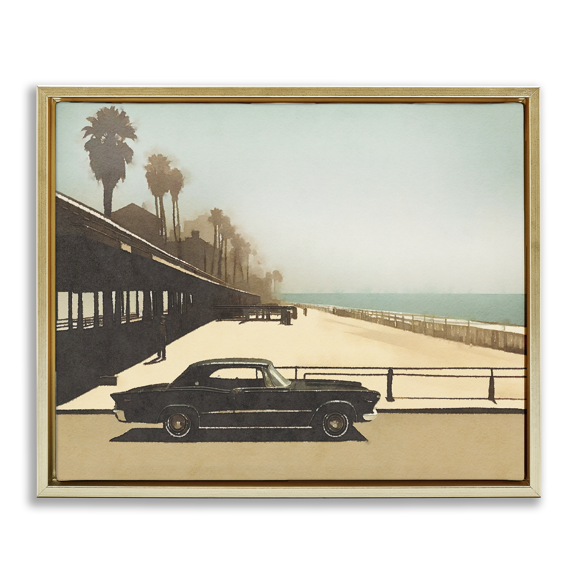 Stupell Industries Under The Pier Classic Car Landscape & Nature Painting Gold Floater Framed Canvas Art Print Wall Art, 31 x 25