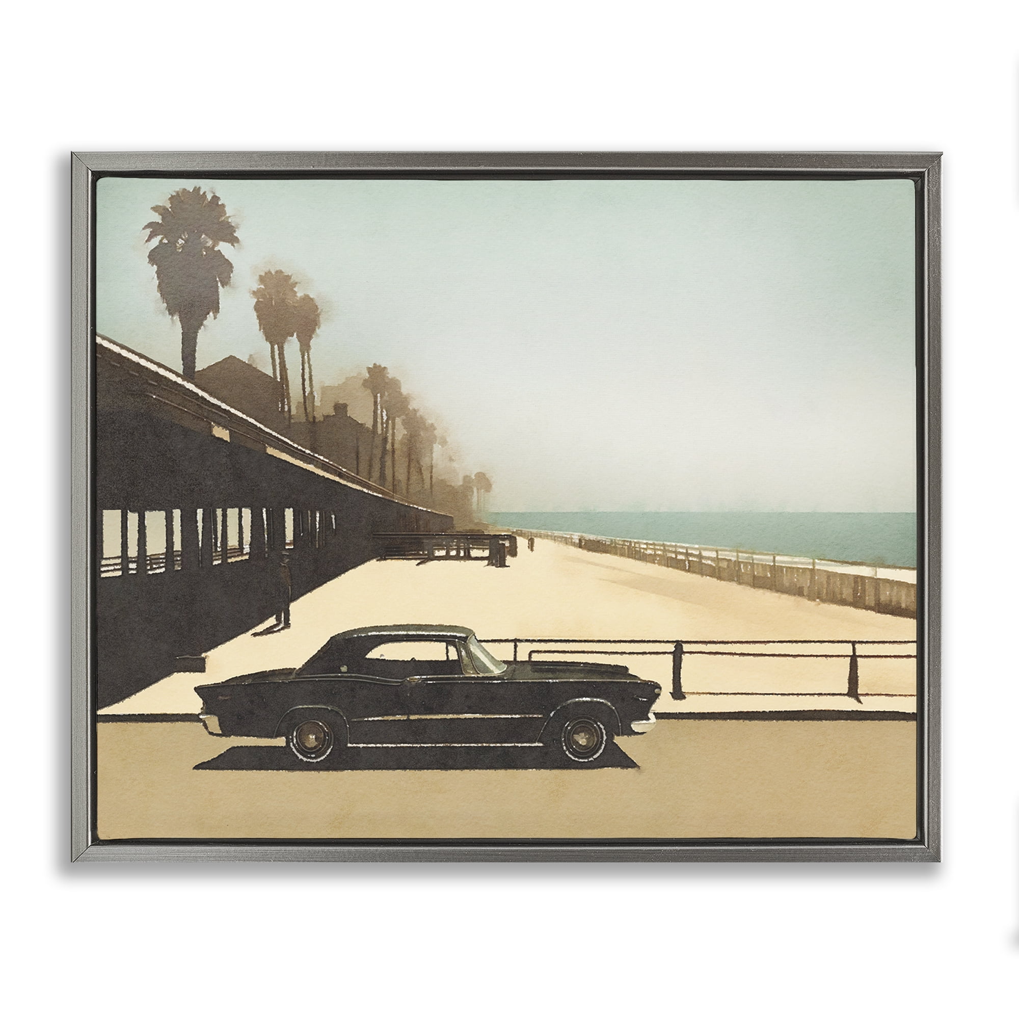 Stupell Industries Under The Pier Classic Car Landscape & Nature Painting Gray Floater Framed Canvas Art Print Wall Art, 31 x 25