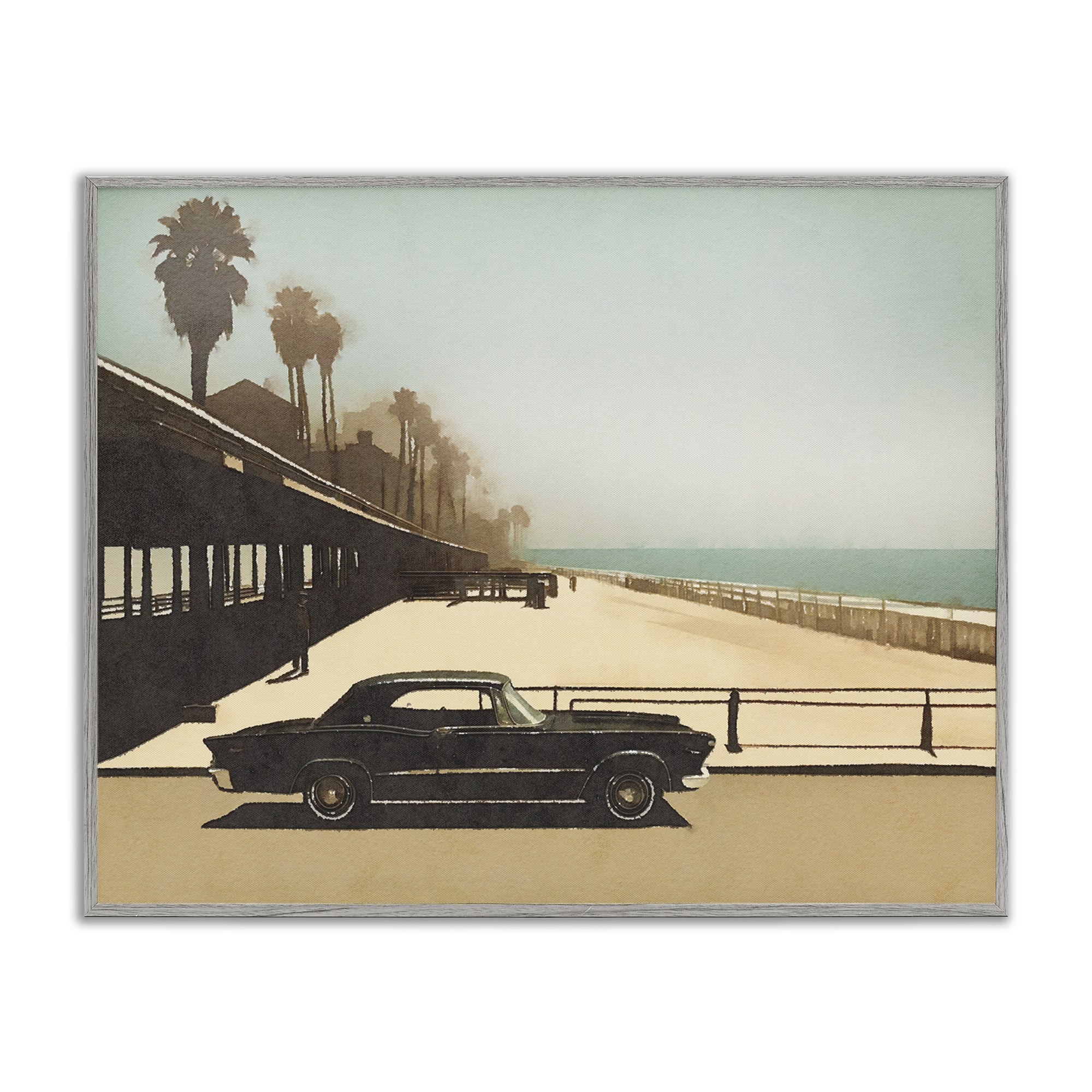 Stupell Industries Under The Pier Classic Car Landscape & Nature Painting Gray Framed Art Print Wall Art, 20 x 16