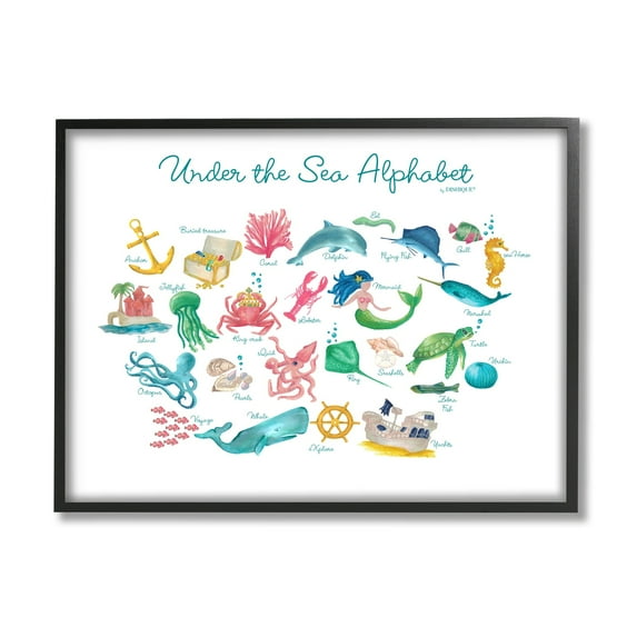 Stupell Industries Under the Sea Educational Alphabet Sea Life Learning Graphic Art Black Framed Art Print Wall Art, Design by Dishique