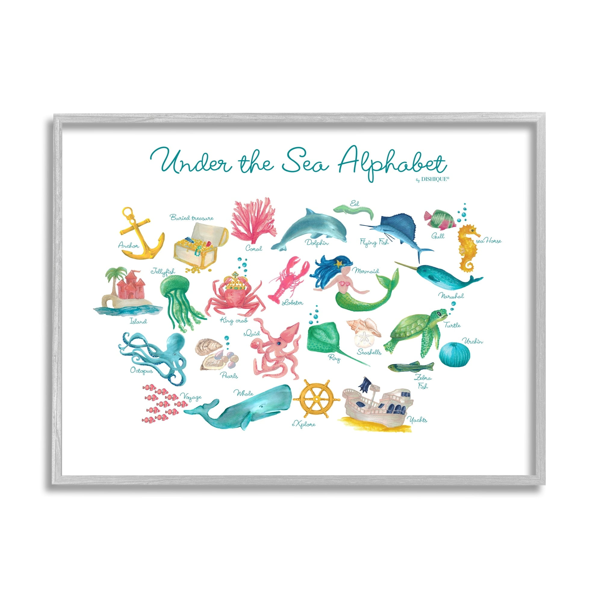 Stupell Industries Under the Sea Educational Alphabet Sea Life Learning Graphic Art Gray Framed Art Print Wall Art, Design by Dishique