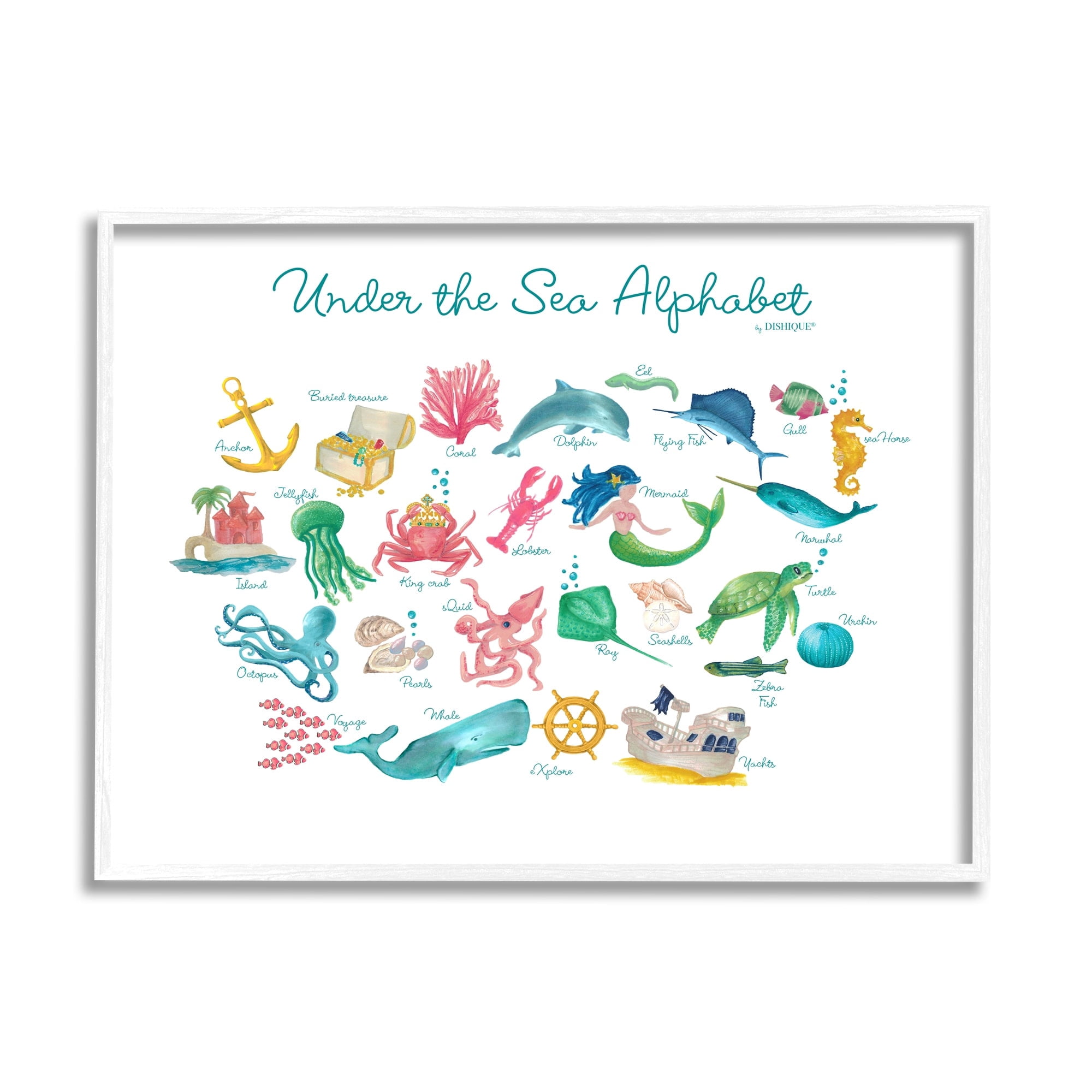 Stupell Industries Under the Sea Educational Alphabet Sea Life Learning Graphic Art White Framed Art Print Wall Art, Design by Dishique