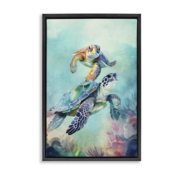 Stupell Industries Undersea Sea Turtle Pair Animals Painting Black Floater Framed Canvas Art Print Wall Art, 17 x 25