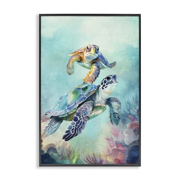 Stupell Industries Undersea Sea Turtle Pair Animals Painting Black Framed Art Print Wall Art, 12 x 18
