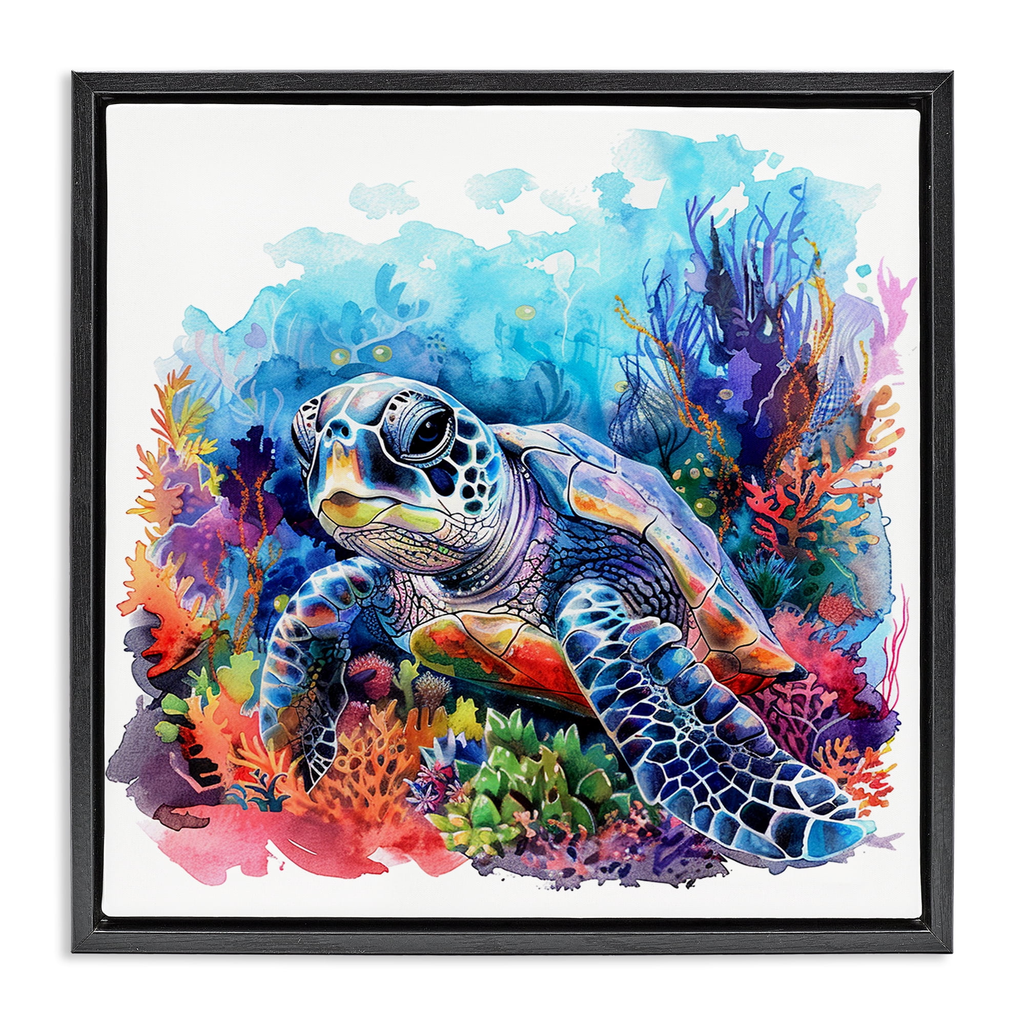 Stupell Industries Undersea Turtle & Coral Animals Painting Black Floater Framed Canvas Art Print Wall Art, 25 x 25