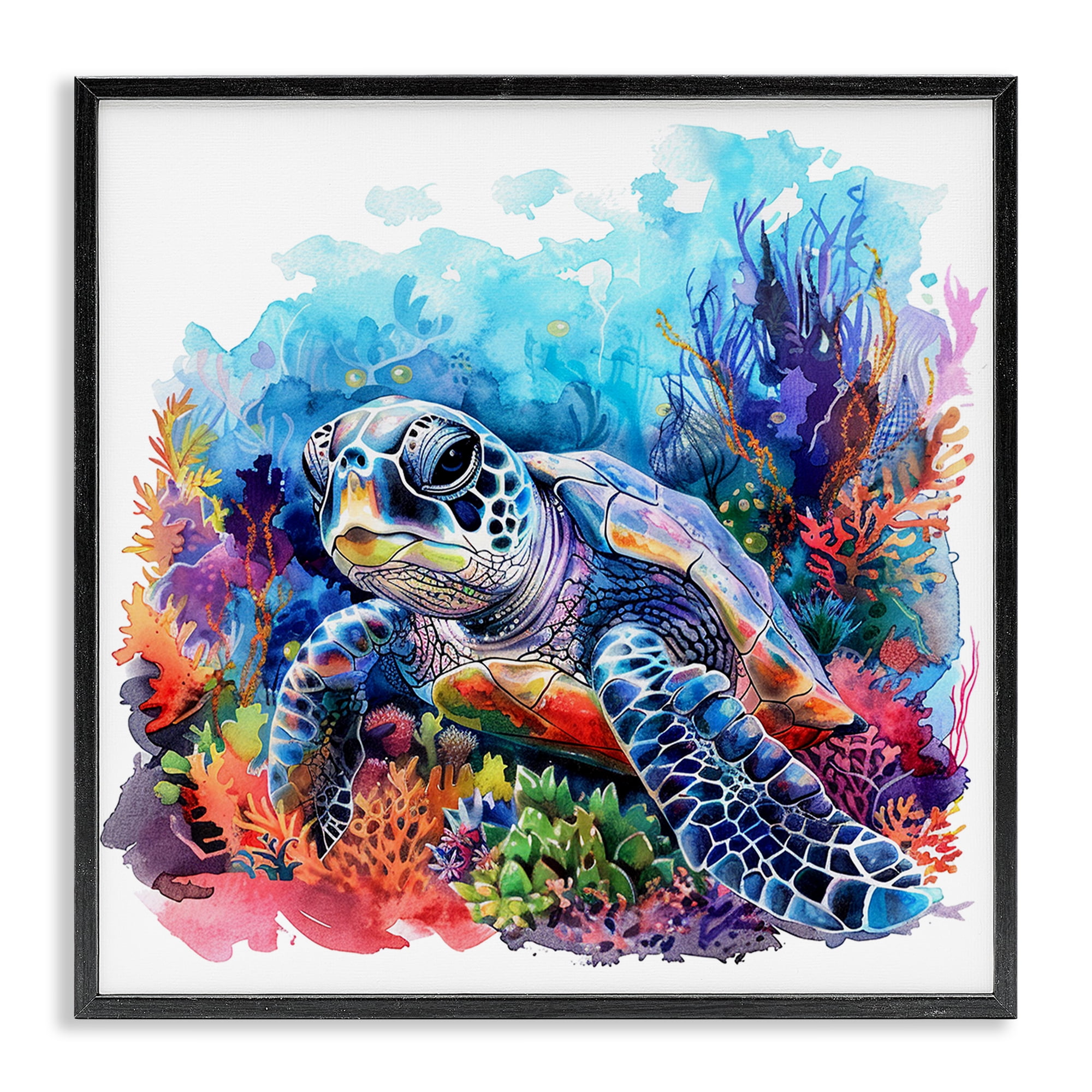 Stupell Industries Undersea Turtle & Coral Animals Painting Black Framed Art Print Wall Art, 17 x 17