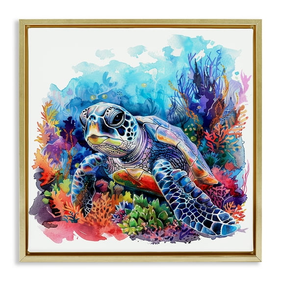 Stupell Industries Undersea Turtle & Coral Animals Painting Gold Floater Framed Canvas Art Print Wall Art, 18 x 18