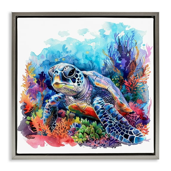 Stupell Industries Undersea Turtle & Coral Animals Painting Gray Floater Framed Canvas Art Print Wall Art, 25 x 25