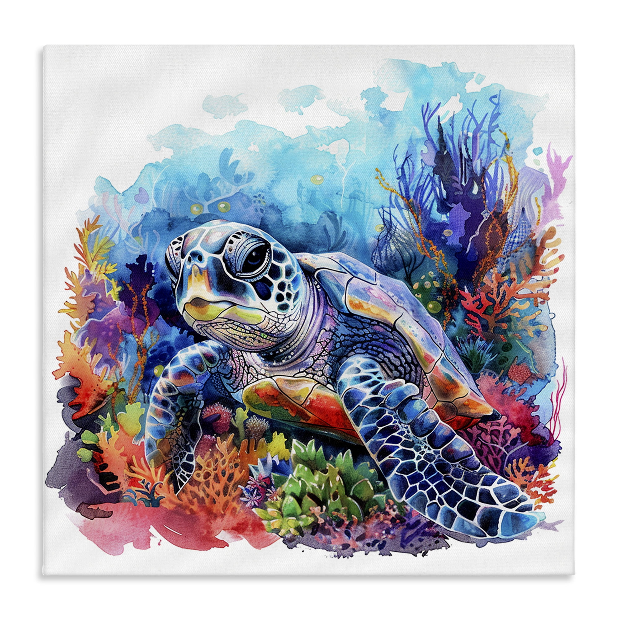 Stupell Industries Undersea Turtle & Coral Animals Painting Wrapped Canvas Art Print Wall Art, 17 x 17