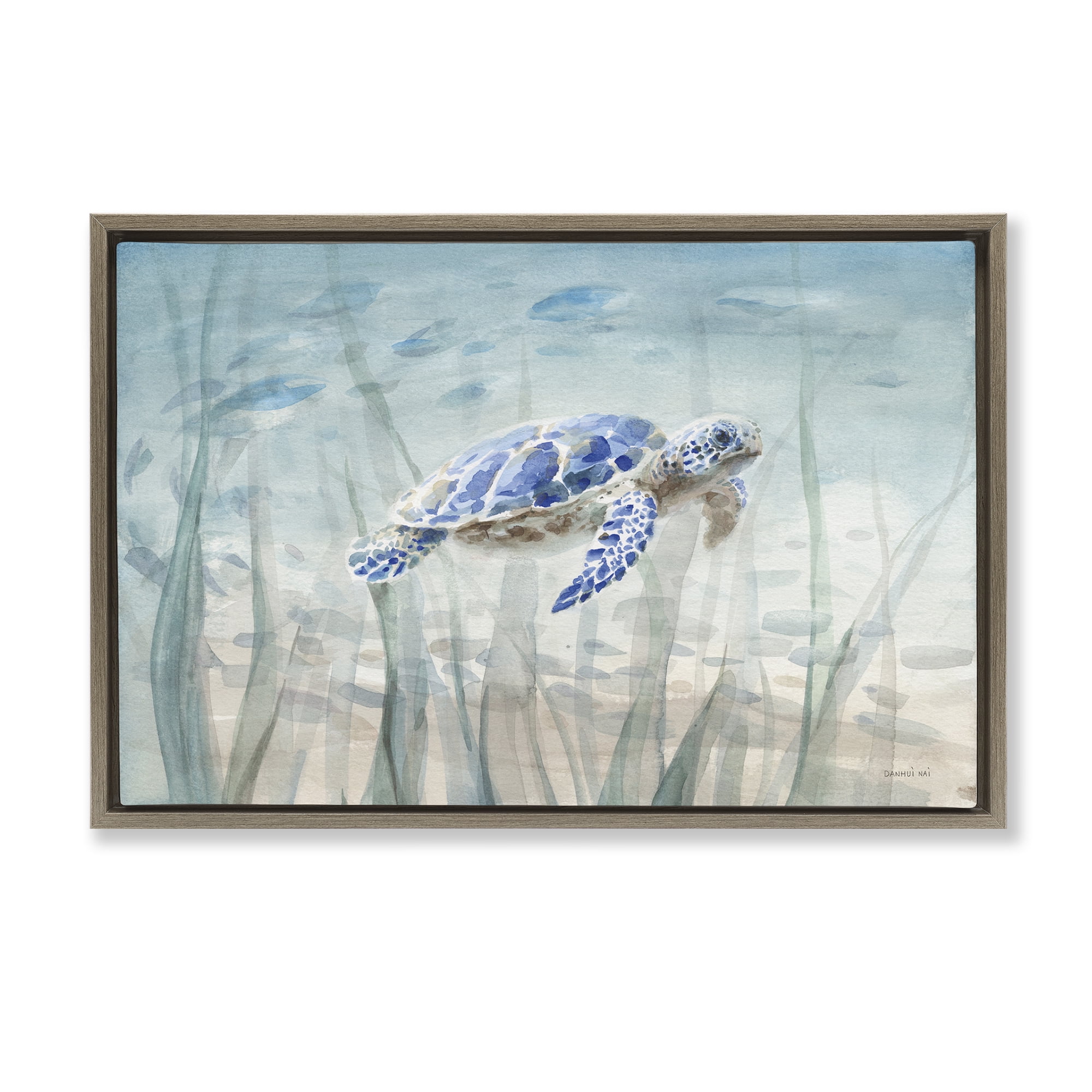 Stupell Industries Undersea Turtle Swim Animals Painting Brown Floater Framed Canvas Art Print Wall Art, 31 x 21