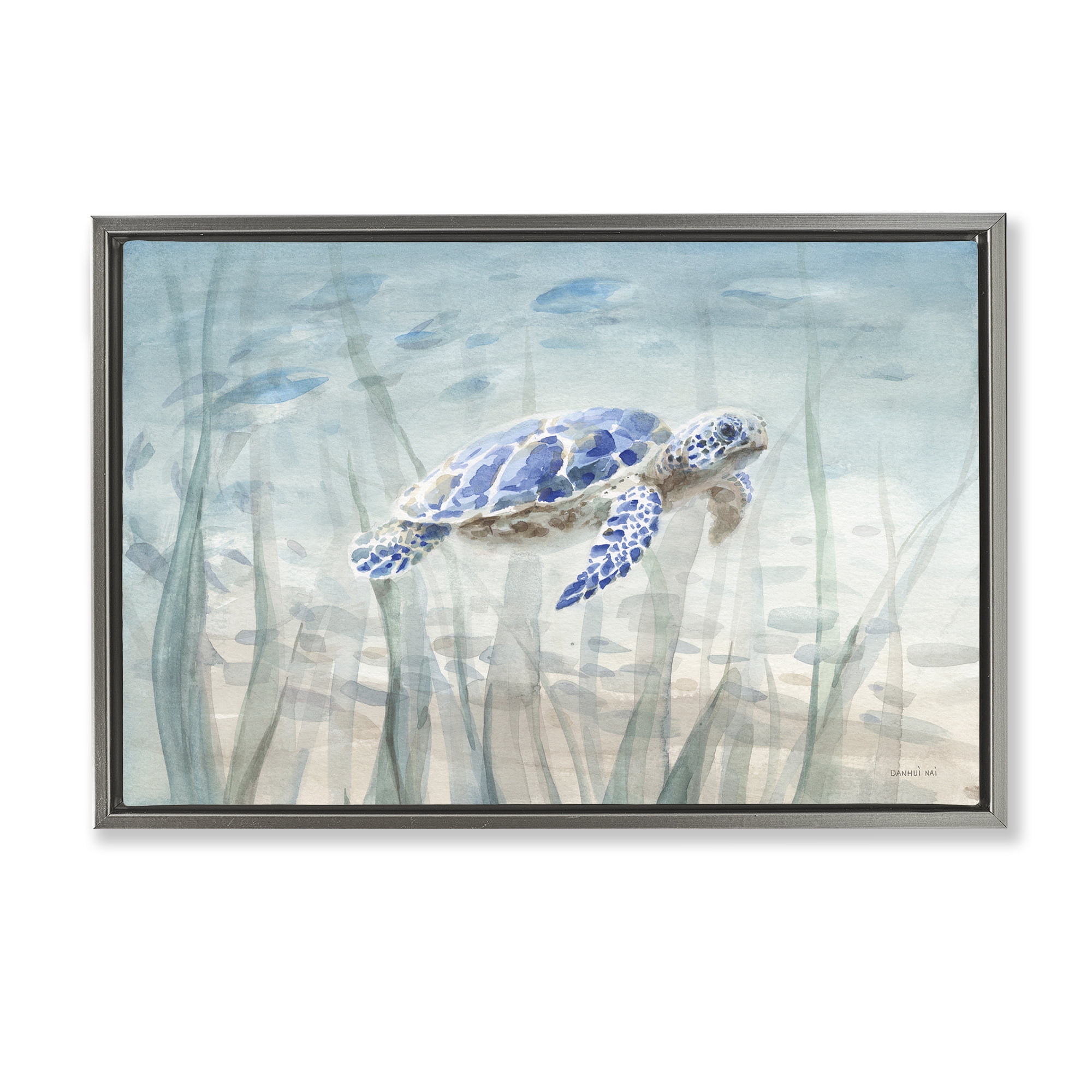 Stupell Industries Undersea Turtle Swim Animals Painting Gray Floater Framed Canvas Art Print Wall Art, 25 x 17