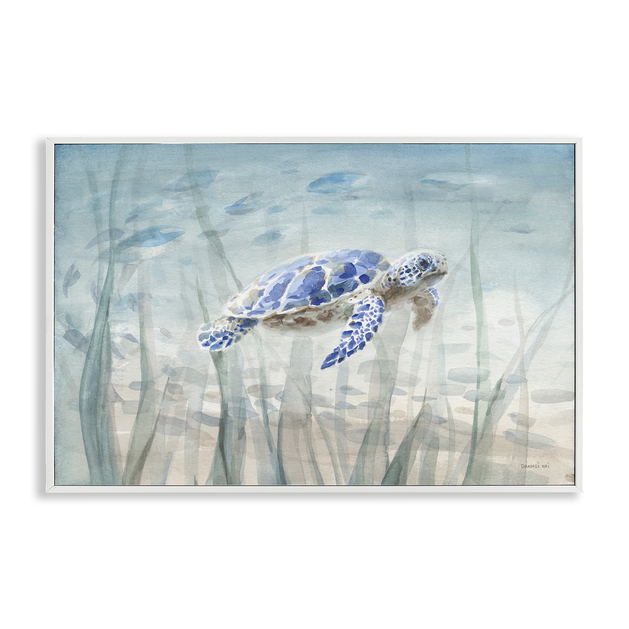 Stupell Industries Undersea Turtle Swim Animals Painting White Framed Art Print Wall Art, 30 x 20
