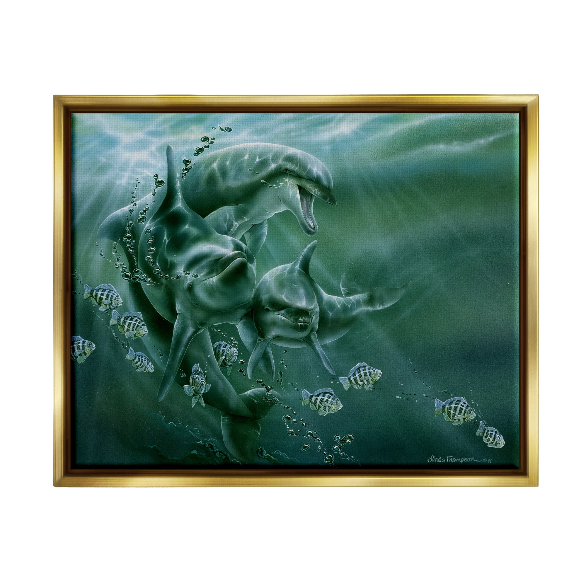 Stupell Industries Underwater Dolphins and Fish Coastal Painting Gold Floater Framed Art Print Wall Art